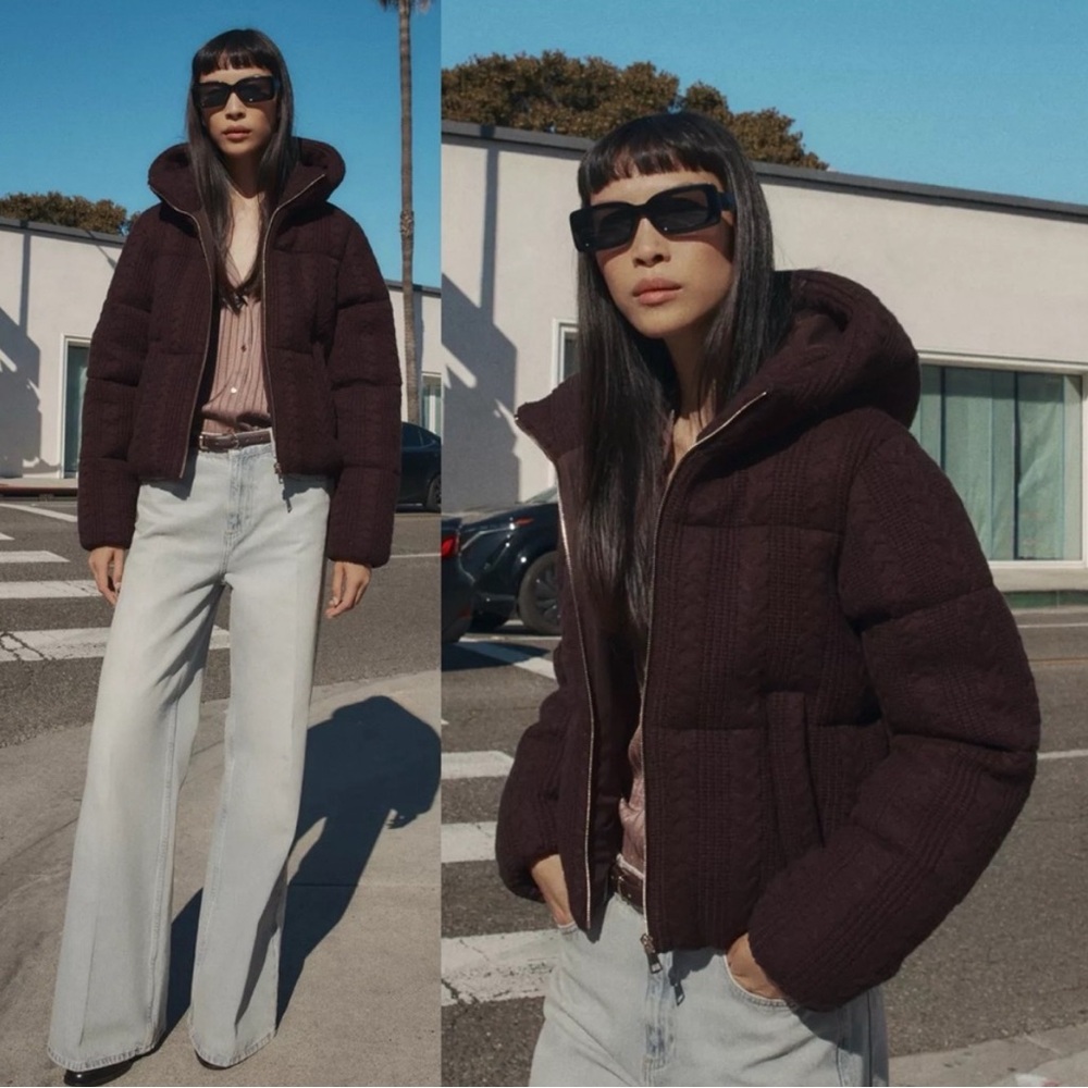 Zara CABLE KNIT HOODED ANORAK Burgundy Brown Knit Puffer with Hood NWT Small